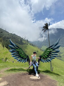 Besucherin am Fotospot mit großen Flügeln im Cocora Valley bei Salento