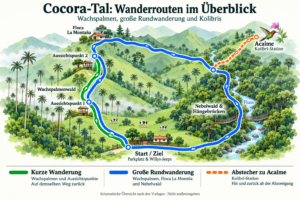 Karte der kurzen und großen Wanderroute im Cocora-Tal mit Wachspalmenwald und Acaime